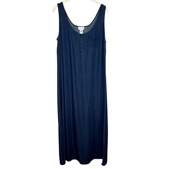 Soft Surroundings Chambray Maxi Dress Size Medium Blue Side Slits Soft Lagenlook - Picture 1 of 8